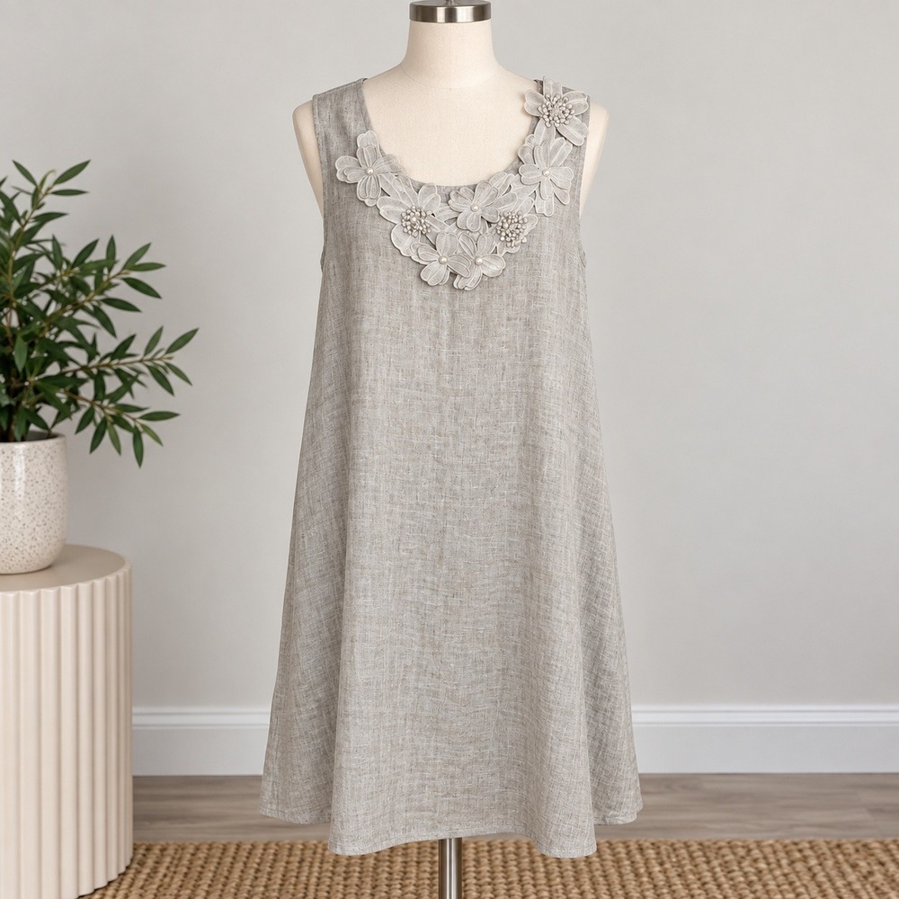 Rosemarine Linen Shift Dress Oatmeal Floral Pearl Applique Made in Italy Sz M